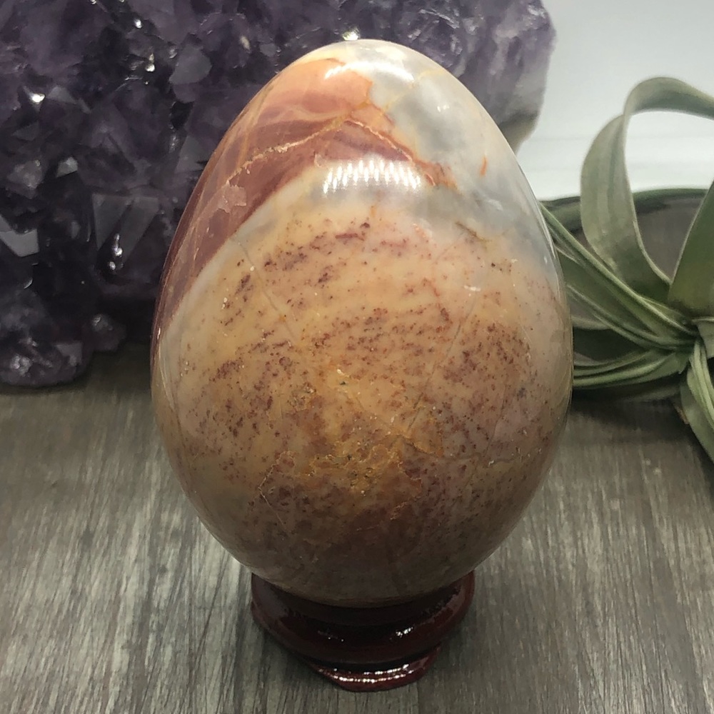 Polychrome jasper crystal egg meditation w/ stand